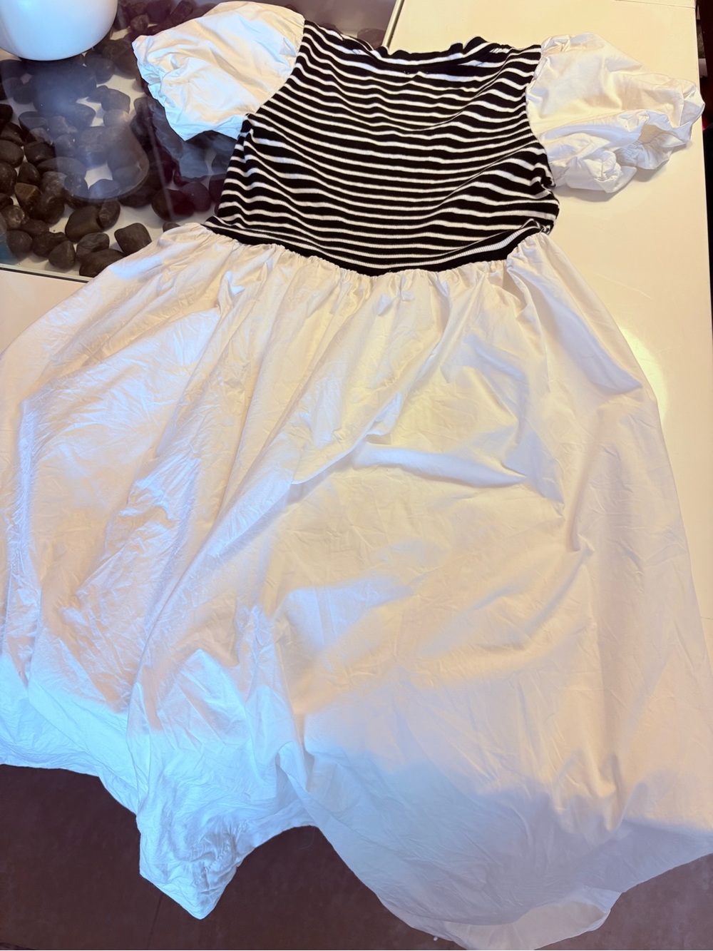 Maeve Striped Bodice Puff-Sleeve Midi Dress in White and Black - Picture 14 of 15